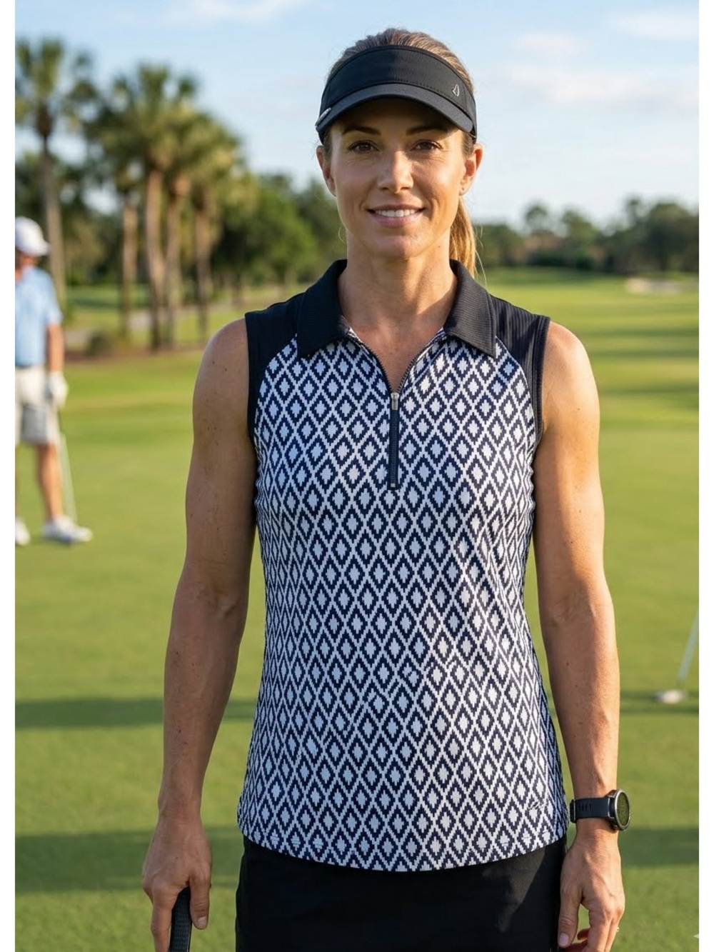 JoFit Sleeveless Golf Polo Blue and White 1/4 Zip UPF 50+ Performance Size L